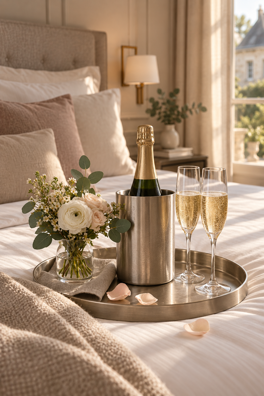 Bouquet de roses, champagne et pétales préparés pour une arrivée romantique